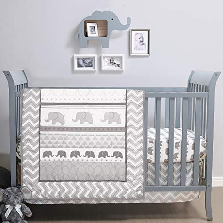 The Peanutshell 3 Piece Baby Crib Bedding Set for Boys & Girls - Newborn, Infant & Toddler Nursery Bed Set Decor with Fitted Crib Sheet, Dust Ruffle Comforter - Elephant Walk The Peanutshell