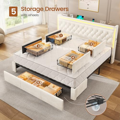 BTHFST King Upholstered LED Bed Frame with 5 Drawers, Velvet Hidden Storage Headboard with Charging Station, Button Tufted Headboard and Heavy Duty Metal Slats Support, No Box Spring Needed, Beige BTHFST