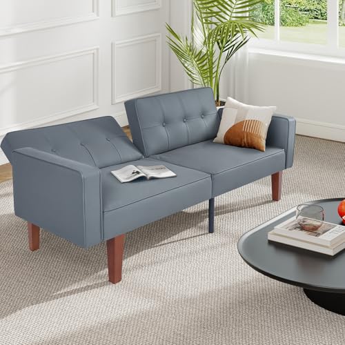 Zevemomo Futon Sofa Bed Leather Futon Couch Loveseat, Convertible Recliner Lounge with Adjustable Backrest, Foam and Spring Cushions for Living Room Apartment Office, PU Leather, Dark Gray Zevemomo