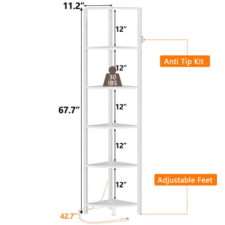 Furnulem 6 Tier Corner Shelf with LED Light, 67.5” Tall Standing Shelf Organizer, White Narrow Bookshelf with Storage Rack for Wall Corner, Living Room, Bedroom, Metal Frame, Wood Display Shelf Furnulem