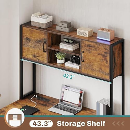 Saranya 18 Shop New Rustic Brown 86.6" L Shaped Desk Computer Two Person Shelf Cabinet File Drawer Storage Shelves Led Lights Reversible Office Study Home 62.2”L x 18.9”W x 65”H of - WoodArtSupply