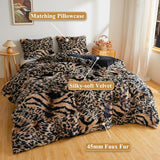 XeGe Fluffy Faux Fur Tiger-leopard Patchwork Print Duvet Cover Set, 1 Plush Fuzzy Decorative Comforter Cover and 2 Furry Pillowcases, Western Wild Shaggy Bedding Set with Zipper, Brown and Black, King XeGe