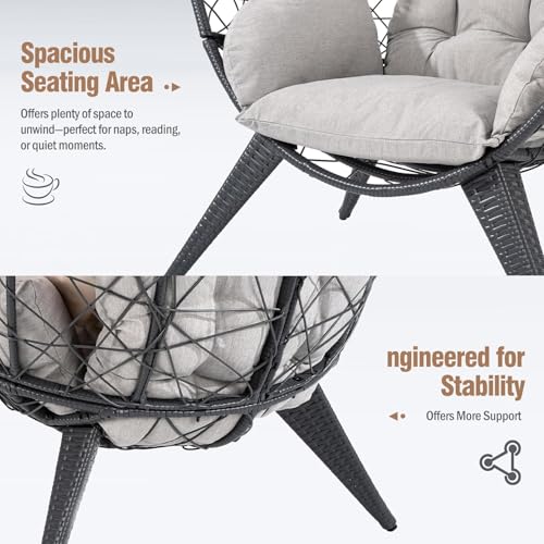 Rattan Egg Chair for Adult, Indoor Outdoor Patio Large Wicker Egg Chair with Overstuffed Cushions, Steel Frame, Boho Nest Seat for Patio, Bedroom, Lawn, Backyard VKUCI