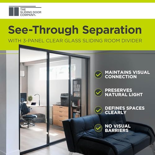 3-Panel Clear Glass Sliding Room Divider - Tempered Glass Wall Separator Screen for Office, Home, Workstation, Cubicle, Desk - Commercial & Residential Partition - 90" W x 80" H, Black Frame The Sliding Door Company