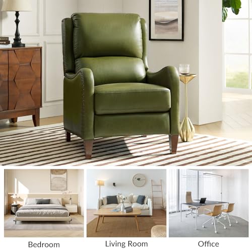HULALA HOME Genuine Leather Recliner Chair, Modern Push Back Recliner Armchair with Thick Seat, Backrest & Footrest, Nailhead Decor for Living Room, Bedroom, Olive
