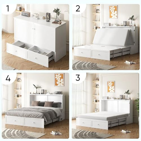 CECER Queen Size Murphy Bed with Storage & Charging Station,Multi-Functional Murphy Cabinet Bed with Mattress Included for Bedroom/Guest Room/Small Space,Easy Assembly -White CECER
