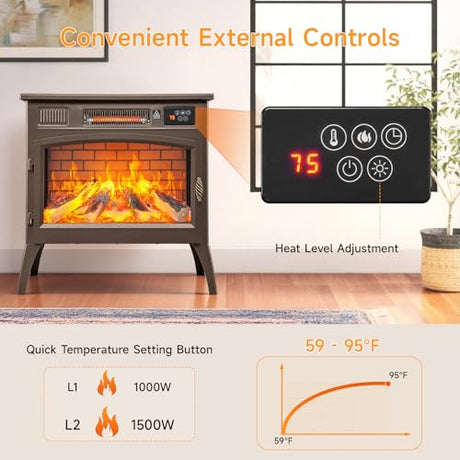 24″ Freestanding Electric Fireplace Stove with 3D Flame Effect and 6 Flame Color, 1000/1500W Infrared Fireplace Stove, 5200 BTU Electric Fireplace Heater with Remote and Timer for Indoor, Brown ONBRILL