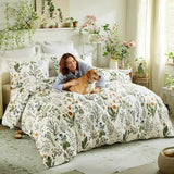 Cozaline Green Comforter Set King, 100% Cotton Reversible Floral Pattern Comforter Set 3 Pcs Soft Cotton Lightweight Comforter All Season Soft & Breathable Green Bedding Set Cozaline