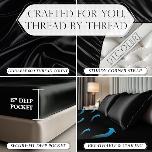 DECOLURE Satin Fitted Sheet Full Size (1 PC) – Luxuriously Smooth & Softer Than Silk Bed Sheets w/ 15 Inch Deep Pocket Hypoallergenic Wrinkle Free, Secure Snug Fit, Elastic Corner Straps (Black) DECOLURE