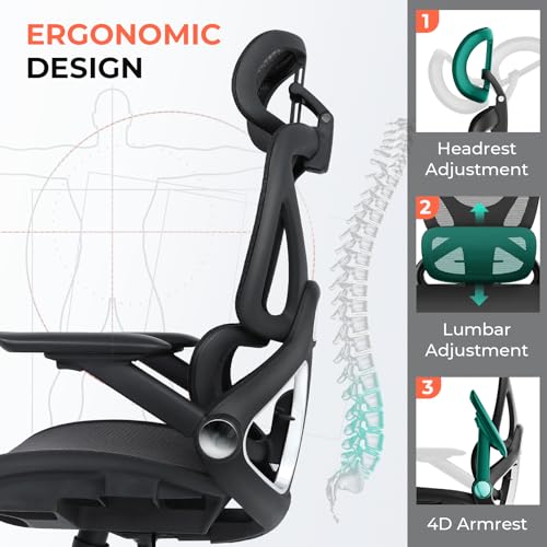CAPOT Ergonomic Mesh Office Chair, Adjustable Lumbar High Back Desk Chair 400lbs, 4D Flip-up Arms, 3 Tilt Backrest, 3D Headrest, PU Wheels, Swivel Rolling Computer Chair for Long Desk Work - Black CAPOT