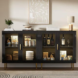 Housoul Sideboard Buffet Cabinet with 4 Doors, Modern Sideboard Cabinet with LED Lights, Bar Cabine with Adjustable Shelf, Coffee Bar Storage Cabinet with Golden Handles for Kitchen, Black Housoul