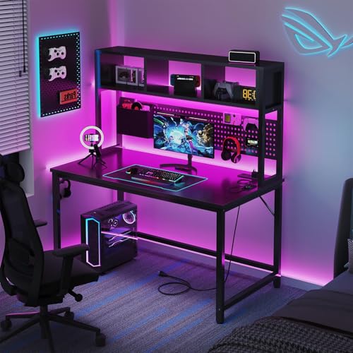 DLisiting Black Gaming Desk with Hutch and Pegboard - 47 Inch Gaming Desk with Shelves Storage Power Outlets, Computer Teen Work Study Writing Desks for Bedroom Home Office DLisiting