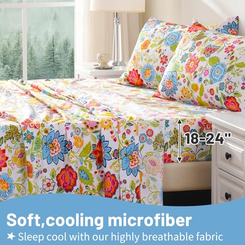 Bedlifes King Size Extra Deep Pocket Sheet Sets - Fits Mattresses Up to 18-24" Thick, 4-Piece Microfiber Set with 1800 Thread Count, Soft, Smooth, Breathable, Featuring Floral Spring Design Bedlifes