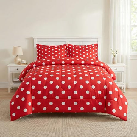 Pamnest Comforter Set Full Size, Red Polka Dot Summer Soft 3 Pcs Bedding for Kids and Adults, Cute Geometric Remo Comforter Set with 2 Pillowcases for Bedroom Bed Decor Pamnest