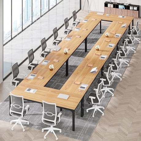 Tribesigns 78.74-Inch Conference Table Set,13FT Conference Room Table, Large Rectangle Meeting Seminar Tables Set,Long Business Tables (Chair not Included) (8, Natural+Black, 8 Pack) Tribesigns