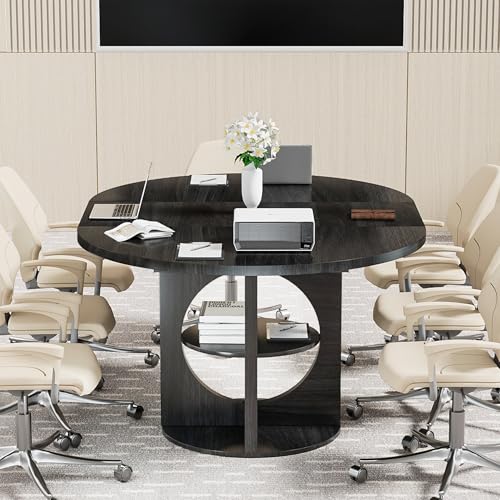 Black Extendable Round Conference Room Table for 4-6, 43-59 Inch Oval Meeting Room Table with Storage, Wooden Circle Desk with Leaf, Space Saving, for Office, Conference Room, Boardroom, Seminar Xyulmeo