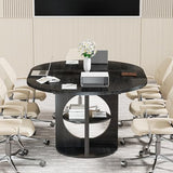 Black Extendable Round Conference Room Table for 4-6, 43-59 Inch Oval Meeting Room Table with Storage, Wooden Circle Desk with Leaf, Space Saving, for Office, Conference Room, Boardroom, Seminar Xyulmeo