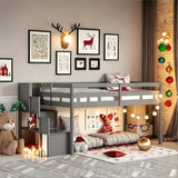 PVWIIK Twin Low Loft Bed with Staircase and Guardrail for Girls,Boys - Pinewood Frame,Grey PVWIIK