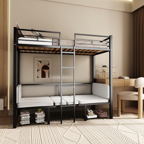 PVWIIK Twin Size Loft Bed with Drawer and Desk & Table Sets Transformable,Metal Sturdy Bed Frame w/Wood Slats Support for Dorm,Bedroom,Guest Room,Twin Over Twin Bunk Bed,Black PVWIIK