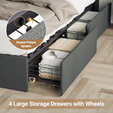 MALOL Bed Frame, Queen Bed Frame with Headboard & Storage Shelf, Metal Platform Bed Frame with 4 Storage Drawers, Built-in Charging Station, Led Light, Wood Bed Frame, No Box Spring Needed, Grey MALOL