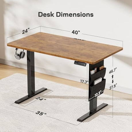 Marsail 40x24 Electric Standing Desk - Adjustable Height Computer Desk with Memory Presets, Storage Bag & Cable Management for Home Office & Gaming Workstations Marsail