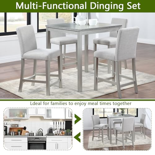 KEIKI 5-Piece Counter Height Dining Table Set with Square Table and 4 Upholstered Chair, for 4 Person, Modern Crystal Decoration Wooden Table Set, Easy Assembly, for Kitchen, Dining Room, Silver Grey KEIKI