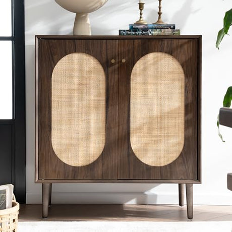 HoeuThien Rattan Sideboard with Storage Modern Kitchen Buffet Accent Cabinet with 2 Doors Wooden Cabinet for Dining Room Entryway Living Room Dark Brown HoeuThien