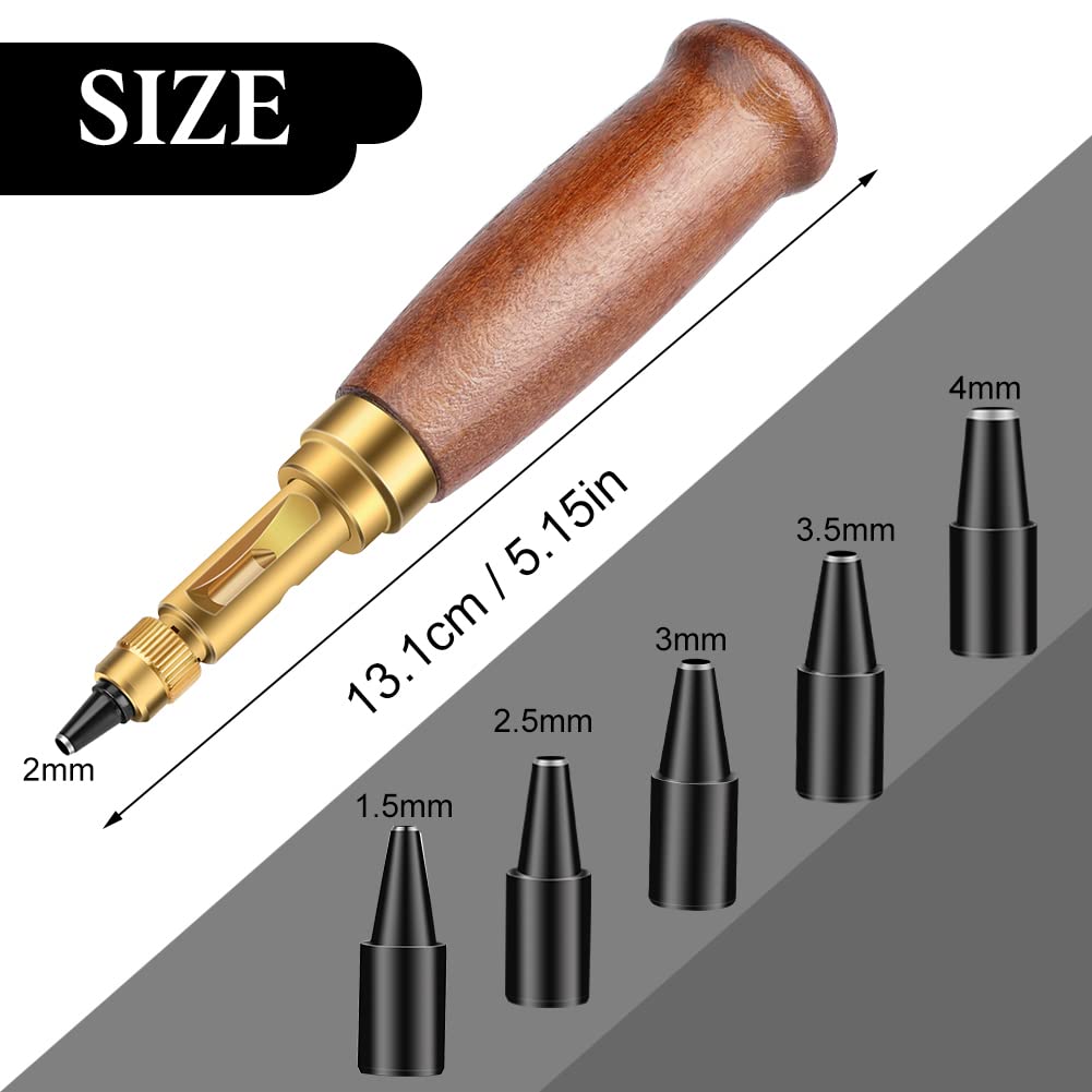 TLKKUE Adjustable Leather Hole Punching Tool Automatic Puncher with Wooden Handle Hollow Hole Punch with 6 Tips Size (1.5mm/2mm/2.5mm/3mm/3.5mm/4mm) for Leather Belt, Bag, Wristband TLKKUE