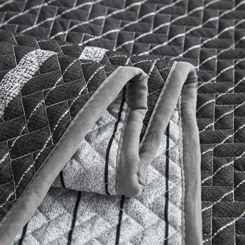 Flysheep Dark Grey Boho Quilt Set Full Queen Size, 3 Pcs White Striped on Gray Reversible Bedspread, Brushed Microfiber Coverlet for All Season, 1 Quilt + 2 Pillow Shams Flysheep