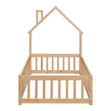 TURRIDU Twin Size Montessori House-Shaped Floor Bed with Fence & Door in Natural Wood TURRIDU