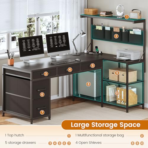 SEDETA L Shaped Gaming Desk, 47.2" Reversible Small Computer Desk with 5 Drawers and Storage Shelves, Corner Gaming Desk with LED Lights and Power Outlet, Black SEDETA