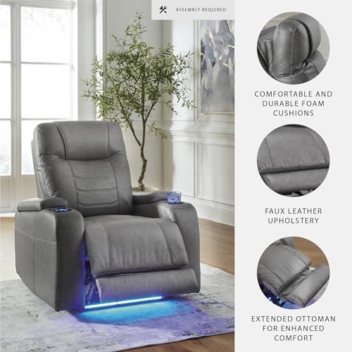 Signature Design by Ashley Schooner Rocks Power Recliner Chair, Faux Leather Upholstery with Adjustable Headrest, LED Cup Holders and Extended Ottoman for Home Theater Comfort