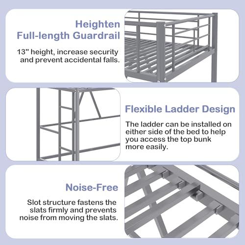 VECELO Metal Loft Bed Twin Size with Removable Ladder and Safety Guardrail, No Box Spring Needed, Space Saving, Noise Free, Grey VECELO