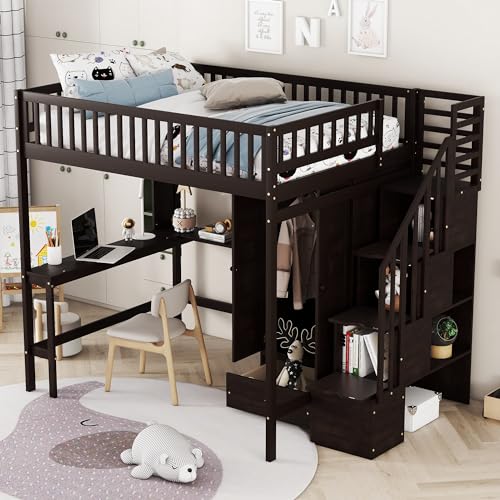 SOFTSEA Espresso Full Size Loft Bed with Desk, Wardrobe, and Storage Steps for Kids SOFTSEA