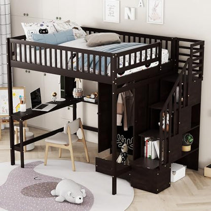 SOFTSEA Espresso Full Size Loft Bed with Desk, Wardrobe, and Storage Steps for Kids - WoodArtSupply