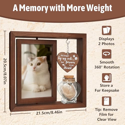 HAMUIERS Cat Memorial Gifts for Loss of Cat - Rotating Wooden Frame for 4x6 Photo & Fur Hair Jar - Sympathy Gift for Pet Bereavement, Remembrance Keepsake - Rainbow Bridge Gift for Cat Lovers
