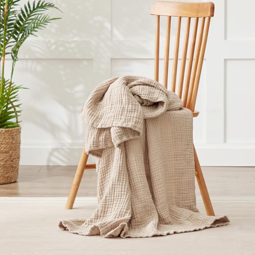 Kozyhvn Cooling Throw Blanket Twin XL 66" x 90", 6 Layers Muslin Blankets 100% Cotton, Breathable and Lightweight Twin Blanket for Bed, Soft Bedspread, Gauze Bedding for All Season, Beige Linen Kozyhvn