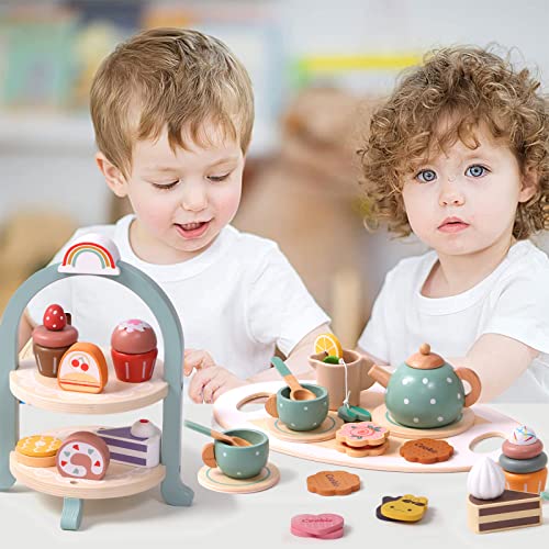 Atoylink Wooden Tea Party Set for Little Girls 28 Pcs Toddler Tea Set with Cupcake Stand & Food Pretend Play Accessories Kids Kitchen Playset Wooden Toys for 2 3 4 5 6 Year Old Girl Birthday Gift Atoylink