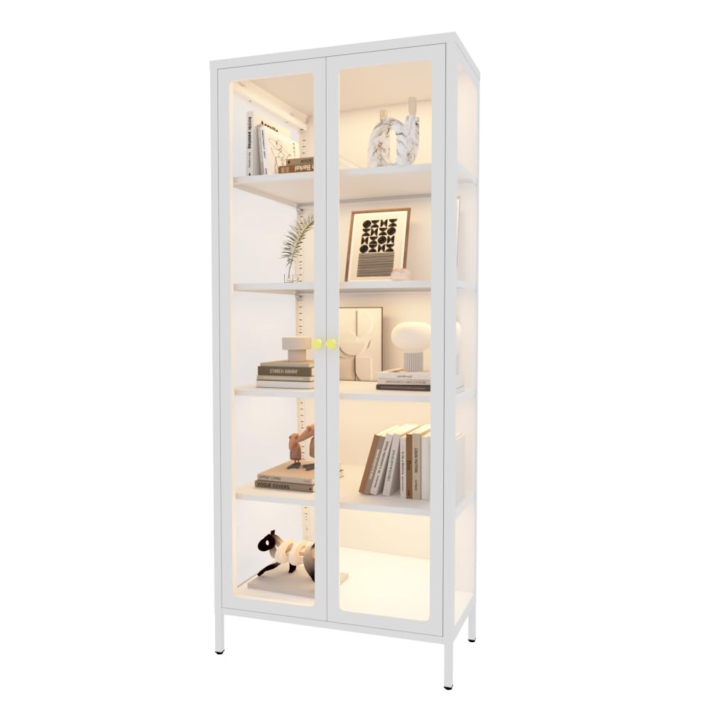 VCGGAIP 5-Tier LED Illuminated Glass Display Cabinet with Dual Tempered Doors - Adjustable Shelves & Leveling Feet for Home/Office- Collectibles Showcase (White, 13.78" D x 27.56" W x 66.93" H) VCGGAIP
