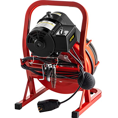 VEVOR 75FT x 1/2 Inch Drain Cleaning Machine 370W Sewer Snake Auger Cleaner Electric Clog Remover Plumbing Tool with 4 Cutters & Air-Activated Foot Switch for 1" to 4" Pipes, Red, Black - WoodArtSupply