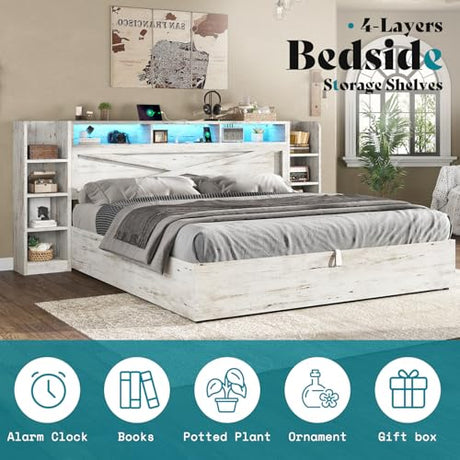 AMERLIFE King Size Lift Up Storage Bed Frame, 45.1" LED Bed Frame with 2 Side Shelves & Bookcase Headboard, Farmhouse Wood Platform Bed with Charging Station, No Box Spring Needed, Distressed White AMERLIFE