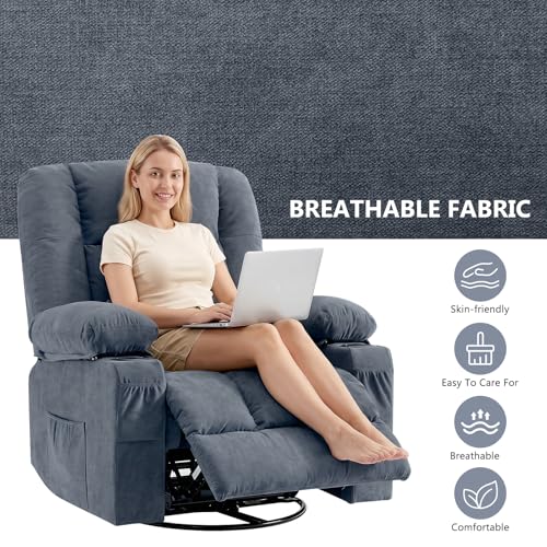 Swivel Rocker Recliner Chair with Vibration Massage and Heat Ergonomic Lounge Chair for Living Room with Rocking Function and Side Pocket, 2 Cup Holders, USB Charge Port