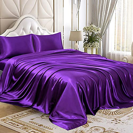 Homiest 4pcs Satin Sheets Set Luxury Silky Satin Bedding Set with Deep Pocket, 1 Fitted Sheet + 1 Flat Sheet + 2 Pillowcases (Full Size, Purple) Homiest