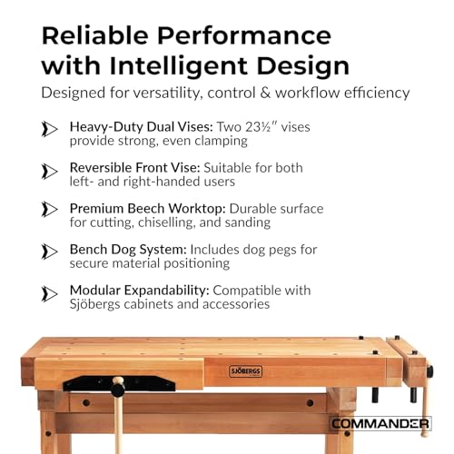 Sjobergs Elite 1500 Beech Wood Workbench, Includes Dual Vises, Bench Dog Holes and Modular Accessories, Perfect Table for Woodworkers, DIYers & Garage Storage (SJO-33246) Sjobergs
