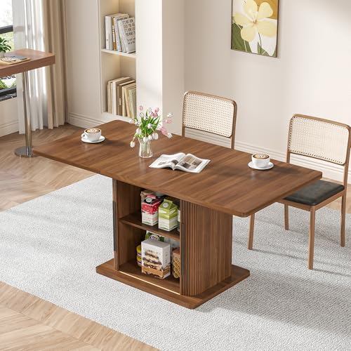 Extendable Dining Room Table for 4-6, 47-65 Inch Rectangle Kitchen Dining Table with Large Storage, Fluted Sliding Door, Expandable Mid Century Modern Dinner Furniture, Living Room, Walnut, Brown Woemtoric