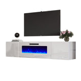 AMERLIFE Floating Fireplace TV Stand, Wall Mounted Mirrored Entertainment Center with 40" Electric Fireplace, Modern LED Lights Media Console for TVs Up to 90", All White AMERLIFE