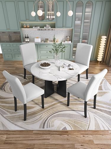 Merax 5-Piece Round Dining Table Set, Modern 4 Upholstered Chairs for Living,Kitchen Room, 43 Inch, Beige+White Merax