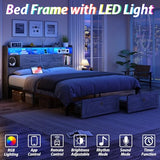 TIGUBFRE King Bed Frame with Storage Headboard, Farmhouse Wood Bed Frame King Size with 4 Drawers, LED Light & Charging Station, Metal Slats Support, Noise Free, No Box Spring Needed, Rustic Grey TIGUBFRE