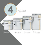 Canister Sets For The Kitchen (4 Piece Set) White, High Gloss Ceramic | By Home Basics | Decorative| With Wooden Spoons, Countertop Set For Flour, Sugar, Coffee, and Snacks Home Basics