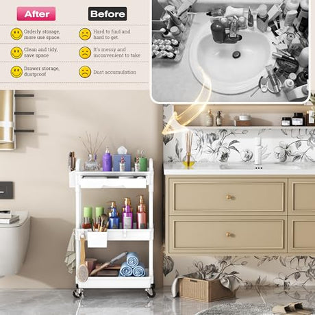 Goovilla Rolling Makeup Organizer Cart with Removable Drawer, 3 Tier Stable White Floor Skincare Storage Cart for Vanity, Cosmetic Display, Nail Polish, Perfume, Hair Stuff, Beauty, Bathroom(Plastic) Goovilla